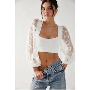 Free People White Lace Sleeve Crop Top